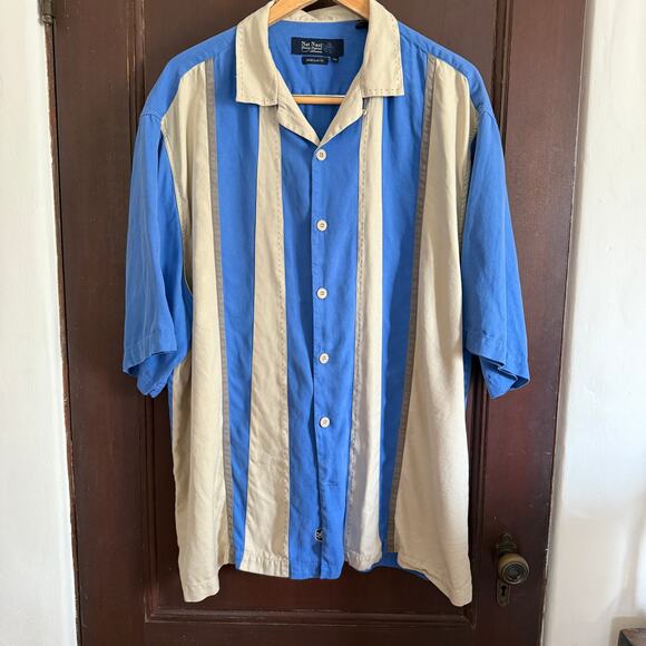 NAT NAST | 100% Silk vintage Style Blue and Khaki Bowling Shirt American Fit XXL - Picture 1 of 8